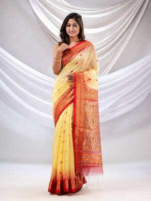 Light Yellow Cotton Blend Handwoven Saree With Zari Woven Nakshi Border 1