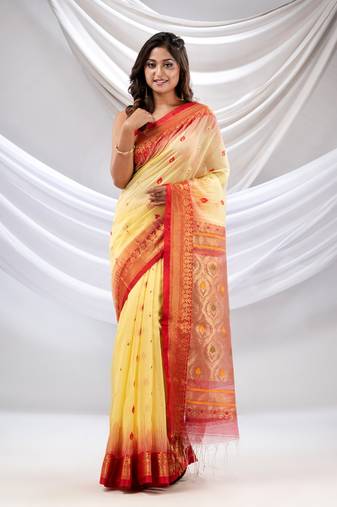 Light Yellow Cotton Blend Handwoven Saree With Zari Woven Nakshi Border