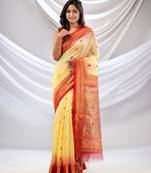 Light Yellow Cotton Blend Handwoven Saree With Zari Woven Nakshi Border