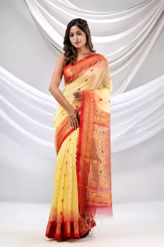 Light Yellow Cotton Blend Handwoven Saree With Zari Woven Nakshi Border