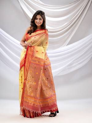 Light Yellow Cotton Blend Handwoven Saree With Zari Woven Nakshi Border 3