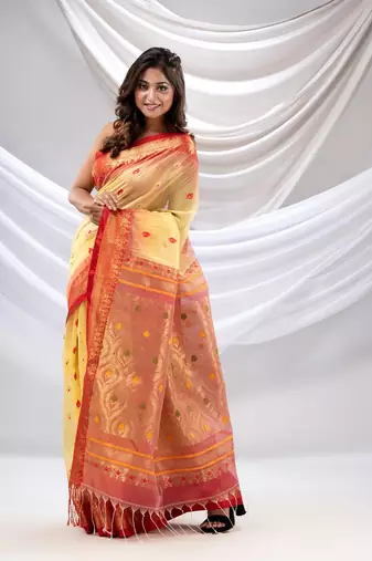Light Yellow Cotton Blend Handwoven Saree With Zari Woven Nakshi Border