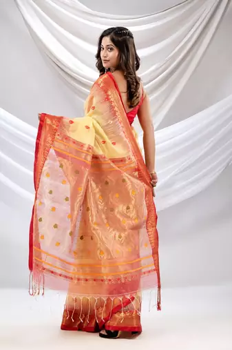 Light Yellow Cotton Blend Handwoven Saree With Zari Woven Nakshi Border