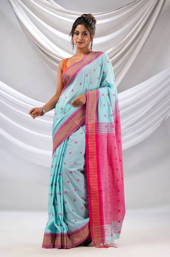 Sea Green Cotton Handwoven Soft Saree With Floral Buttas