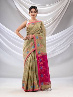 Beige Cotton Blend Handwoven Saree With Floral Border 1