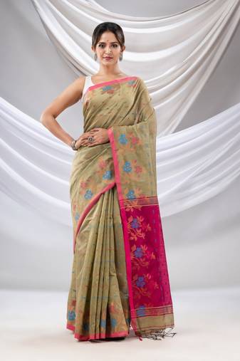 Beige Cotton Blend Handwoven Saree With Floral Border
