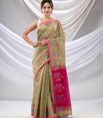 Beige Cotton Blend Handwoven Saree With Floral Border