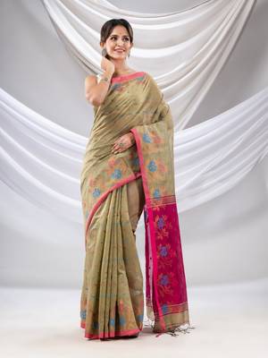 Beige Cotton Blend Handwoven Saree With Floral Border 2