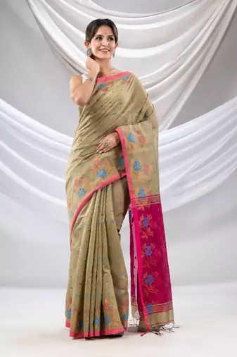 Beige Cotton Blend Handwoven Saree With Floral Border