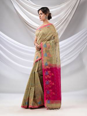 Beige Cotton Blend Handwoven Saree With Floral Border 3
