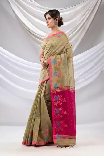 Beige Cotton Blend Handwoven Saree With Floral Border