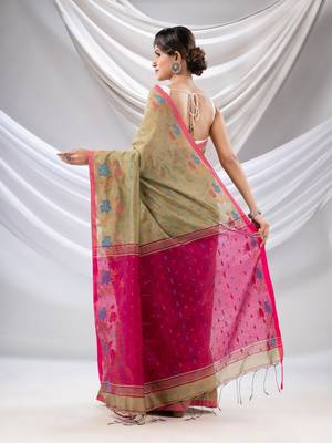 Beige Cotton Blend Handwoven Saree With Floral Border 4