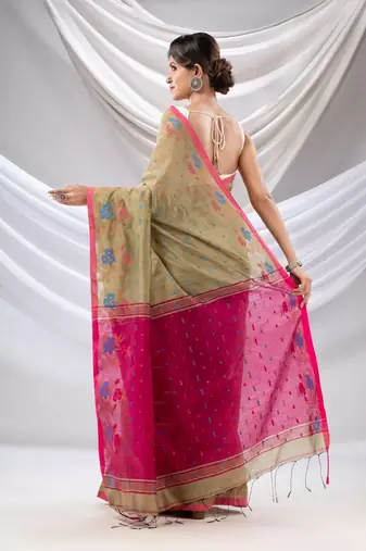 Beige Cotton Blend Handwoven Saree With Floral Border