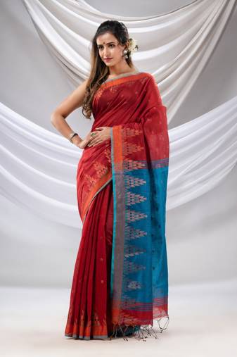 Red Cotton Blend Handwoven Saree With Temple Border