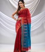Red Cotton Blend Handwoven Saree With Temple Border