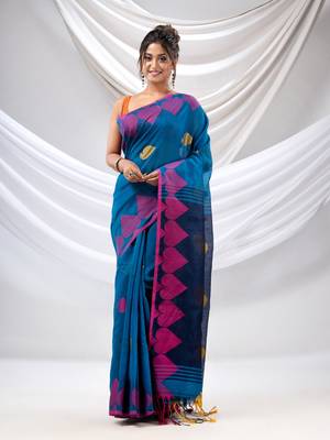 Sapphire Blue Cotton Blend Handwoven Saree With Woven Design 1