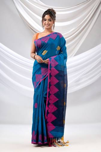 Sapphire Blue Cotton Blend Handwoven Saree With Woven Design
