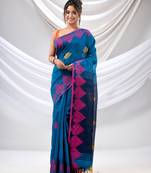 Sapphire Blue Cotton Blend Handwoven Saree With Woven Design
