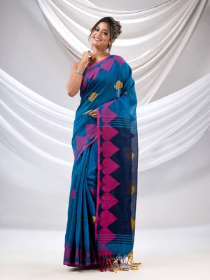 Sapphire Blue Cotton Blend Handwoven Saree With Woven Design 2