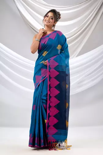 Sapphire Blue Cotton Blend Handwoven Saree With Woven Design