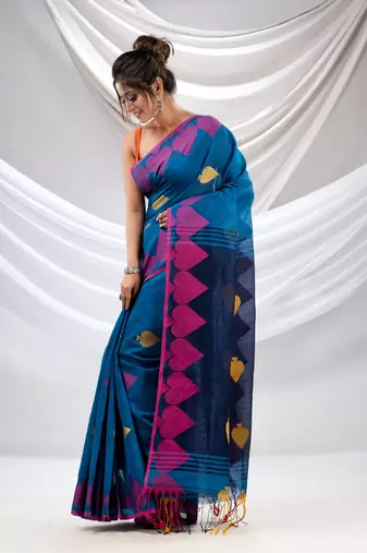 Sapphire Blue Cotton Blend Handwoven Saree With Woven Design
