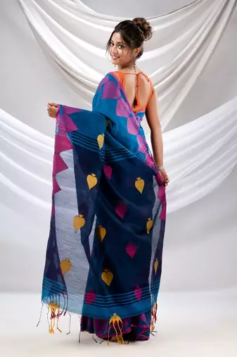 Sapphire Blue Cotton Blend Handwoven Saree With Woven Design