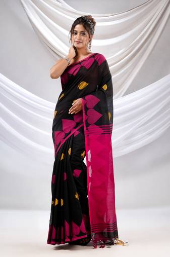 Black Cotton Blend Handwoven Saree With Woven Design