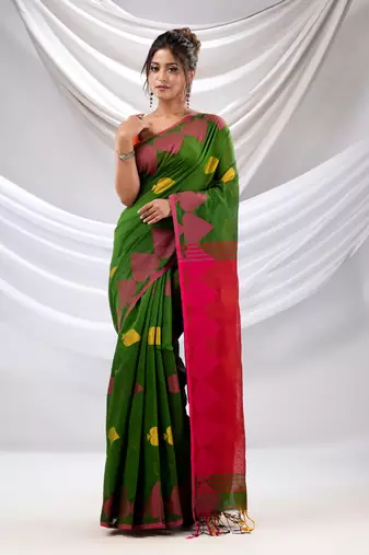 Green Cotton Blend Handwoven Saree With Woven Design