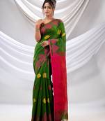Green Cotton Blend Handwoven Saree With Woven Design