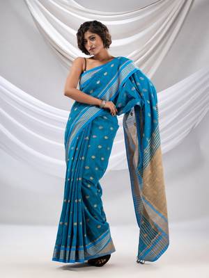 Sapphire Blue Cotton Handwoven Soft Saree With Texture Design 1
