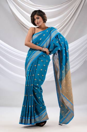 Sapphire Blue Cotton Handwoven Soft Saree With Texture Design