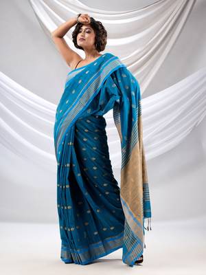 Sapphire Blue Cotton Handwoven Soft Saree With Texture Design 2