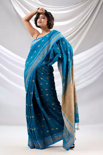Sapphire Blue Cotton Handwoven Soft Saree With Texture Design