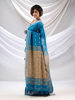 Sapphire Blue Cotton Handwoven Soft Saree With Texture Design 3