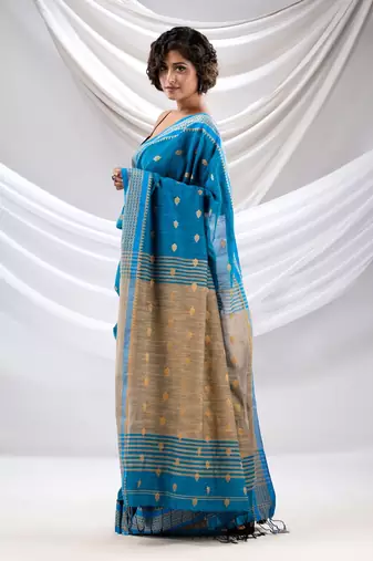 Sapphire Blue Cotton Handwoven Soft Saree With Texture Design