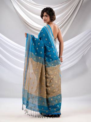 Sapphire Blue Cotton Handwoven Soft Saree With Texture Design 4