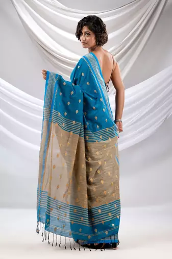 Sapphire Blue Cotton Handwoven Soft Saree With Texture Design