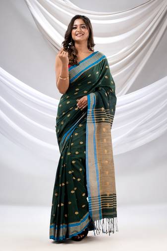 Dark Green Cotton Handwoven Soft Saree With Texture Design