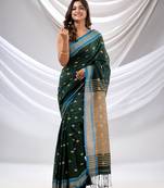 Dark Green Cotton Handwoven Soft Saree With Texture Design