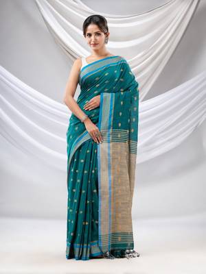 Teal Cotton Handwoven Soft Saree With Texture Design 1