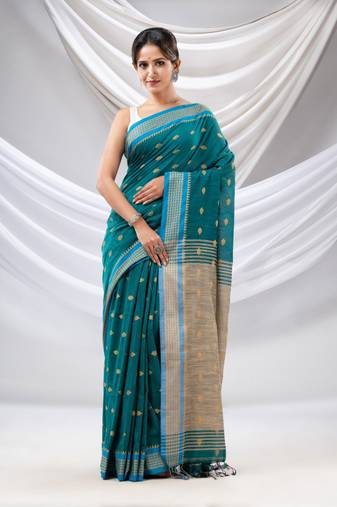 Teal Cotton Handwoven Soft Saree With Texture Design