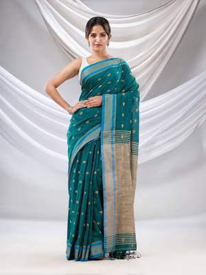 Teal Cotton Handwoven Soft Saree With Texture Design 2