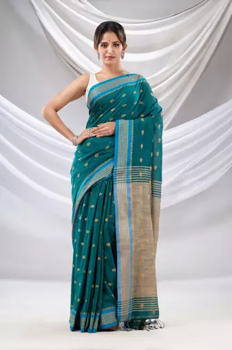 Teal Cotton Handwoven Soft Saree With Texture Design
