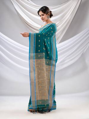 Teal Cotton Handwoven Soft Saree With Texture Design 3