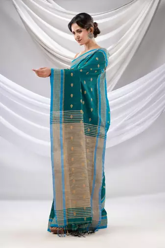 Teal Cotton Handwoven Soft Saree With Texture Design