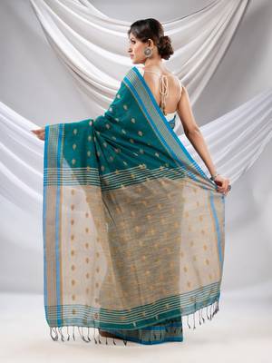 Teal Cotton Handwoven Soft Saree With Texture Design 4