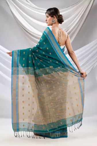 Teal Cotton Handwoven Soft Saree With Texture Design