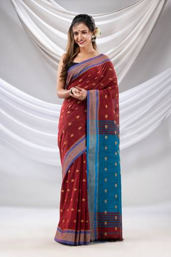 Dark Red Cotton Handwoven Soft Saree With Texture Design