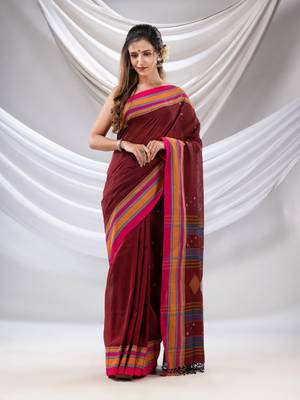 Maroon Cotton Handwoven Soft Saree With Stripe Borders 1