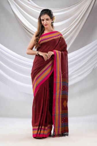 Maroon Cotton Handwoven Soft Saree With Stripe Borders
